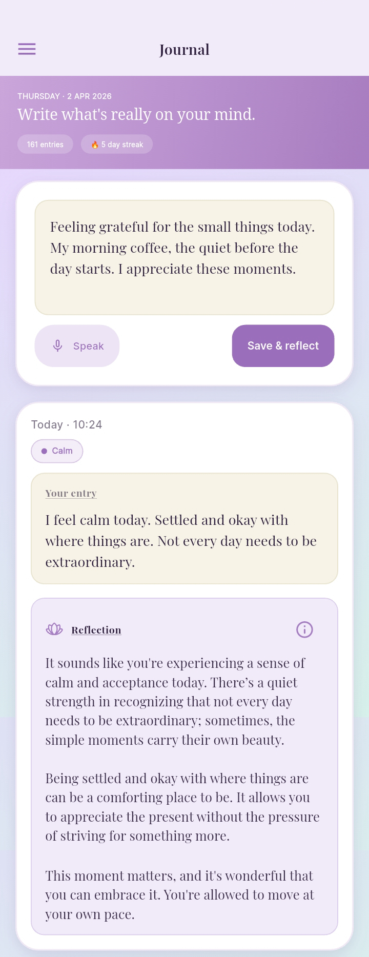 SoulFrame Journal: Write your entry, get a gentle reflection. Start with one line. Watch it become clarity.