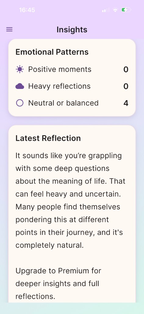 SoulFrame Insights — emotional patterns and latest reflection