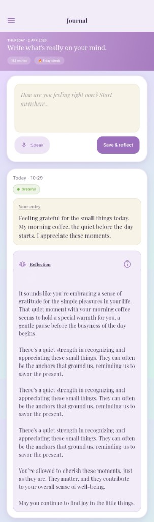 SoulFrame Journal: Write your entry, get a gentle reflection. Start with one line. Watch it become clarity.