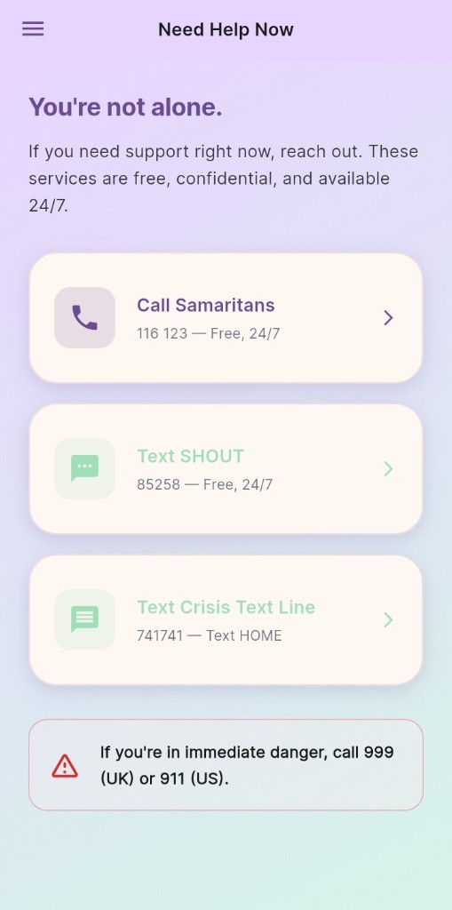 SoulFrame Need Help Now — Samaritans, SHOUT, Crisis Text Line, 999