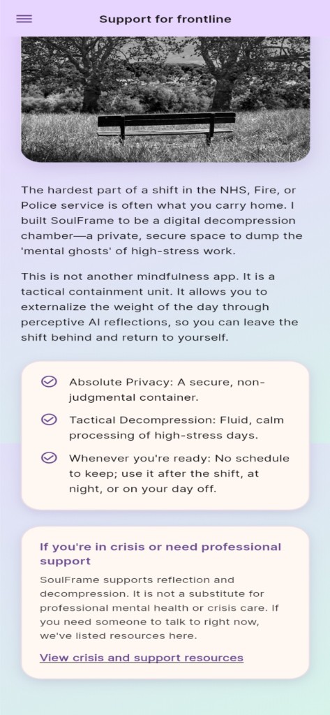 SoulFrame Support for frontline — NHS, Fire, Police decompression