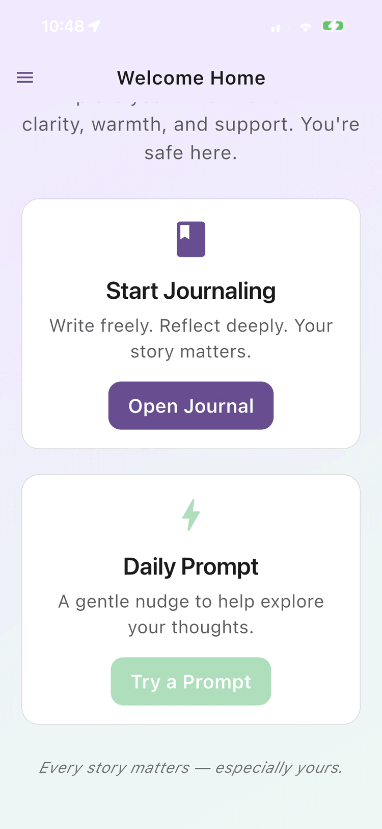 SoulFrame Welcome Home Screen - Start Journaling and Daily Prompt cards